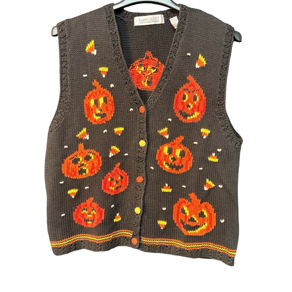 Vintage Halloween Pumpkin Jack O Lantern Knit Vest Sweater Women Lg Black Orange